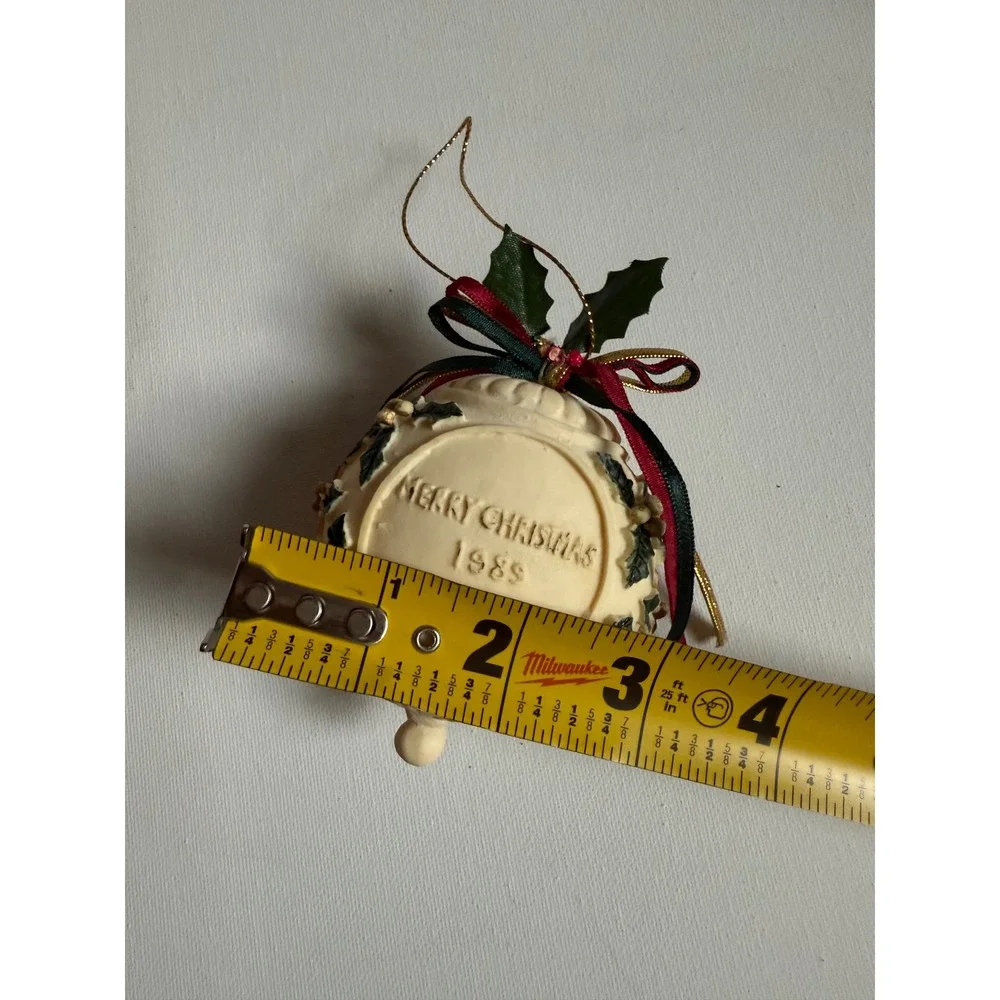 Vintage 1989 Merry Christmas Ornament Poinsettia Holly Ribbon Commemorative 3in